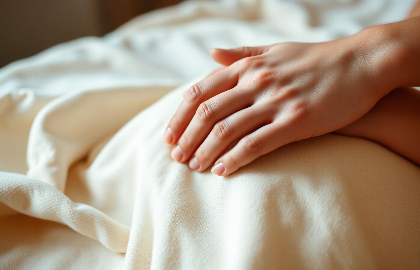 Twee handen rusten zacht op elkaar op een crèmekleurige deken, warm en rustig licht.