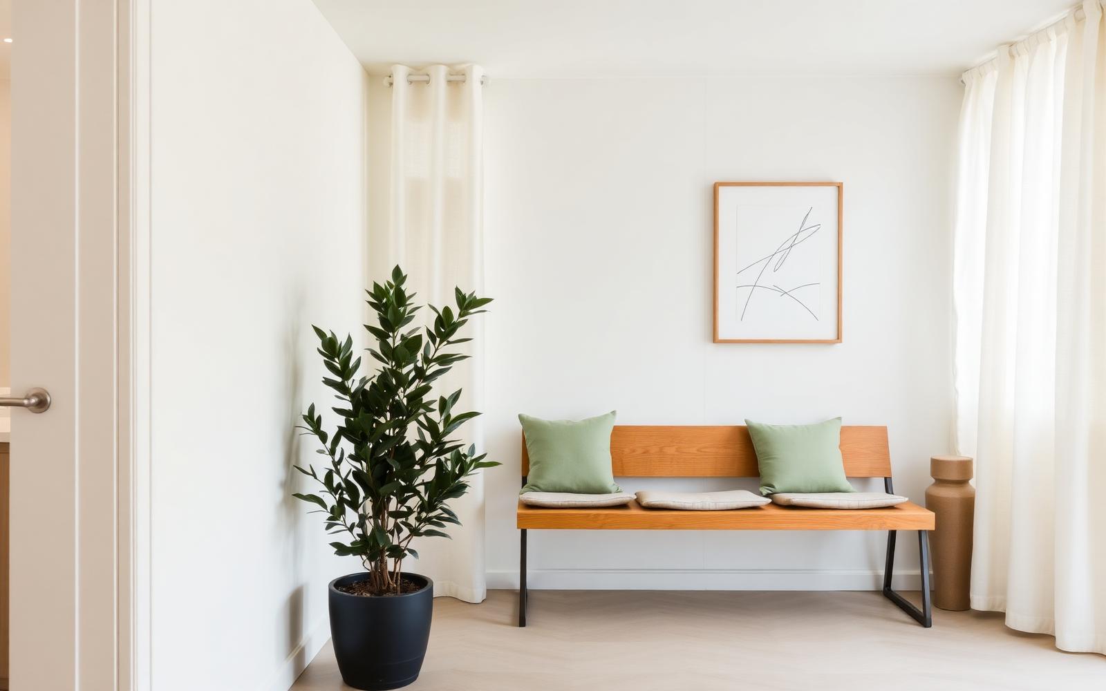 Rustige wachtruimte van de praktijk met een houten bank, saliegroene kussens en een grote plant bij daglicht.